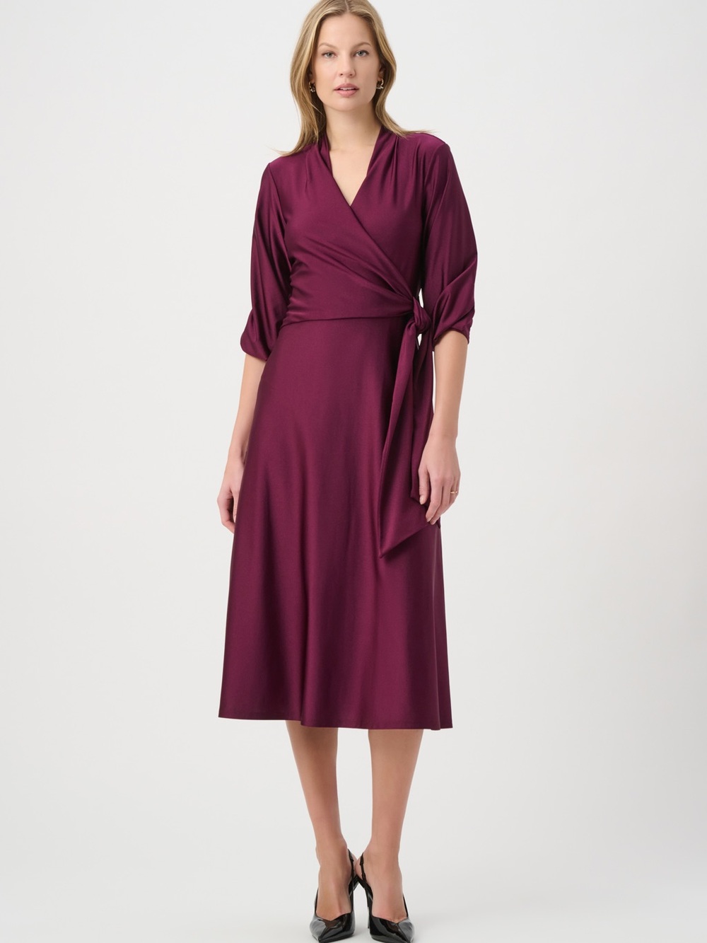 Joseph Ribkoff Plum Wrap Midi Dress with Tie Waist